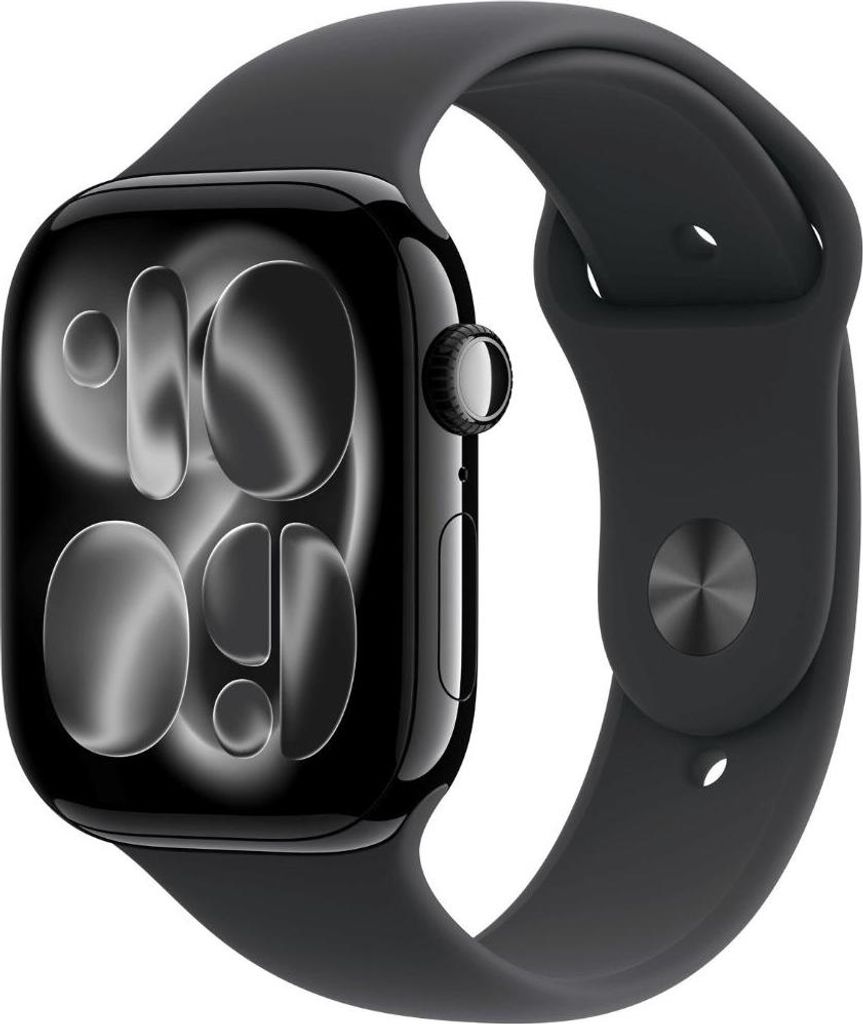 A black Apple Watch with a black sport band is shown against a white background.