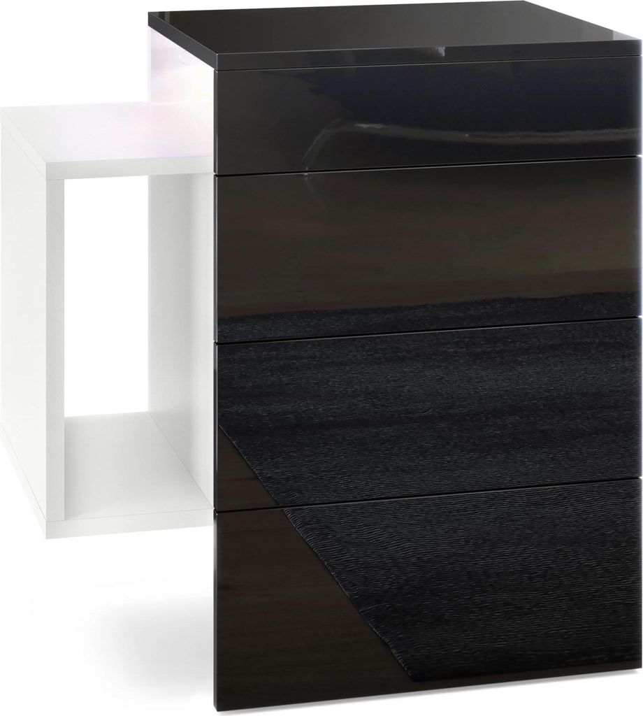 Vladon Nachttisch Queens, Germany, Nachttischschrank mit 2 Schubladen und 1 seitlichem Fach zur Wandmontage, Weiß matt/Schwarz Hochglanz, inkl. LE...