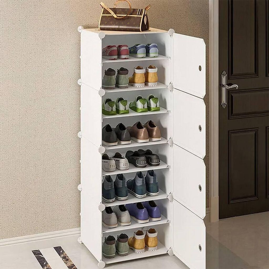 8-stöckiger Schuhschrank, Schuhregal, Schuhablage, Schuhregal mit Schirmaufbewahrung, Weiß, 76 cm, 127 cm, 32 cm, Kunststoff, Eisenrahmen