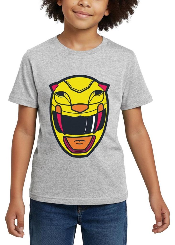 Spreadshirt Power Rangers Gelber Ranger Helm Kinder T-Shirt, 110/116 (5-6 Jahre), Grau meliert