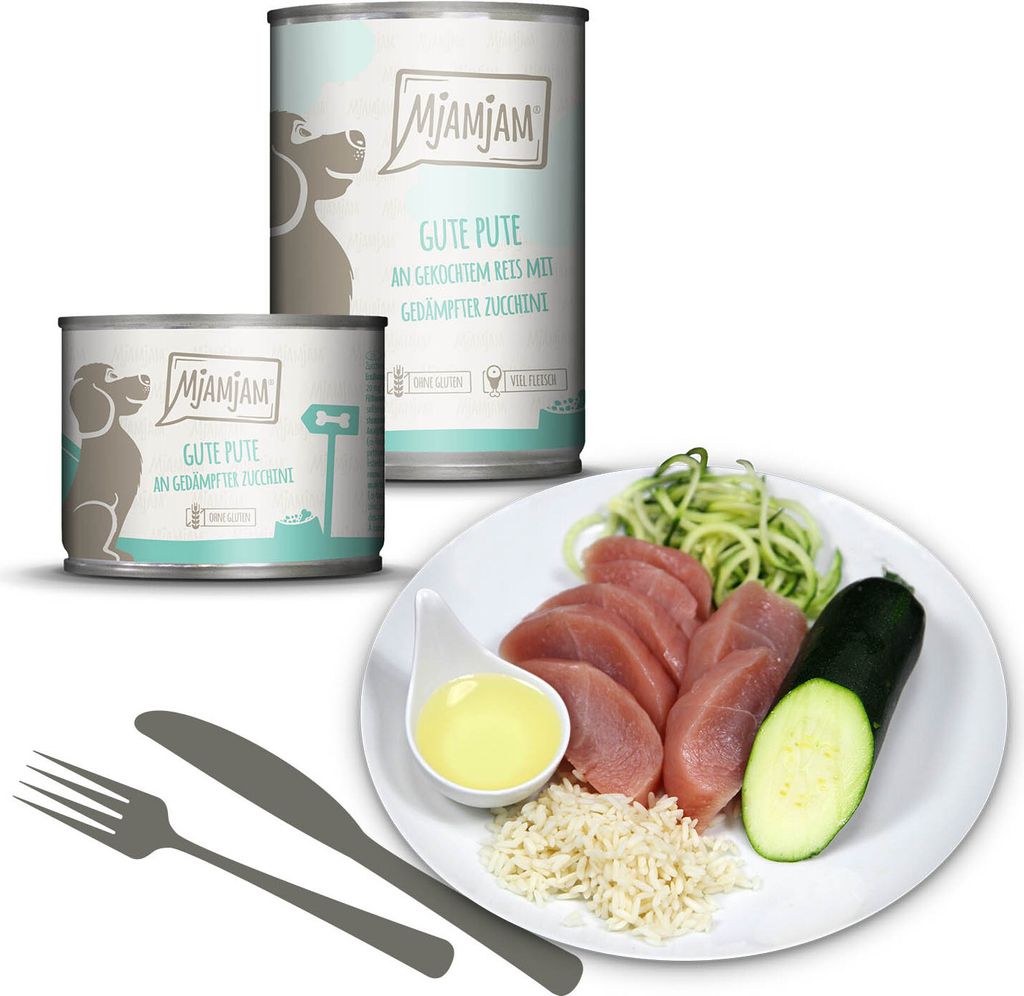 MjAMjAM 6x400g Pute an Reis & Zucchini Nassfutter für Hunde Hauptfutter natur
