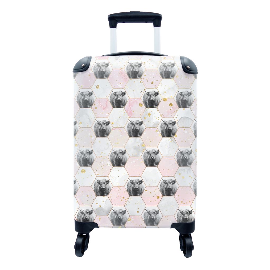 MuchoWow Koffer Handgepäck Trolley Rollkoffer Kleine Reisekoffer mit 4 Rollen - Schottischer Highlander - Marmor - Gold - Cabin Size < 55x40x23 ...
