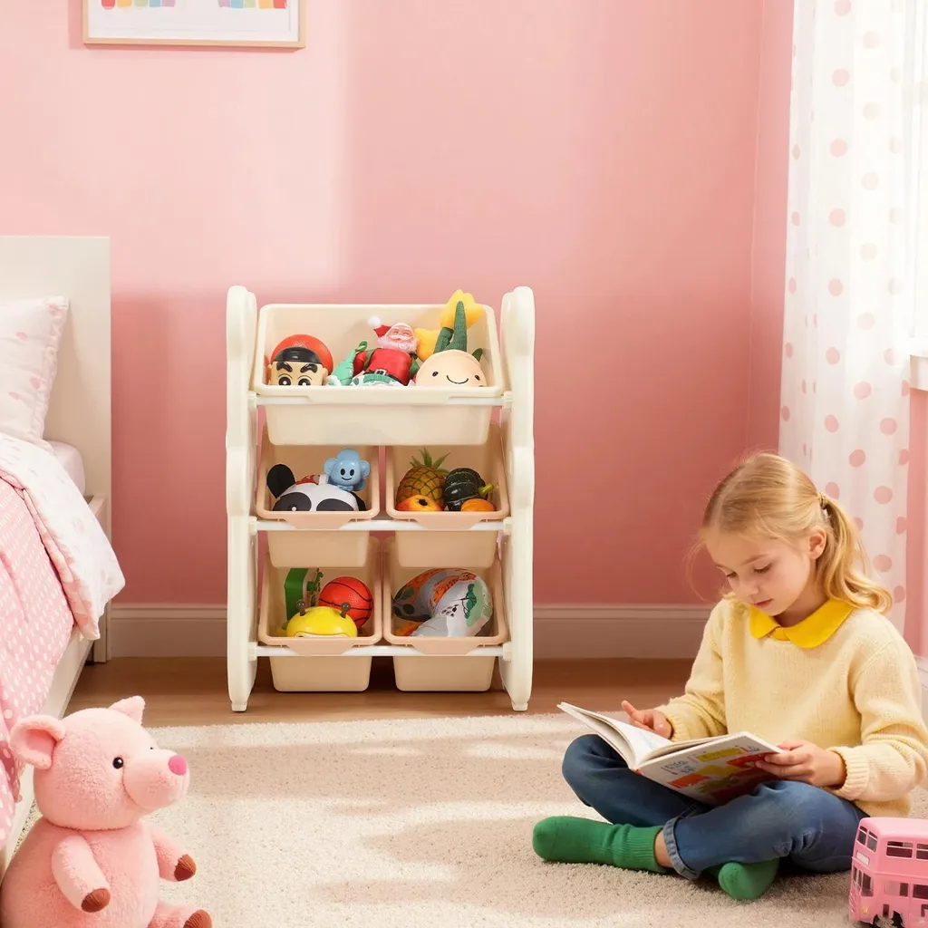 Bibliothèque enfant motif ours et bacs de rangement beige à 3 niveaux