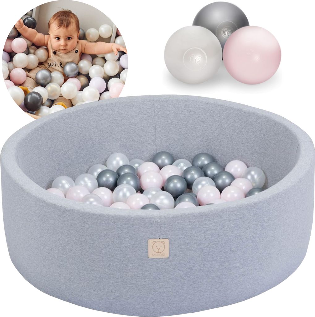 MISIOO Smart Bällebad 90x30 cm Rund für Baby Kleinkinder, hellgrau, mit 150 bunten Bällen