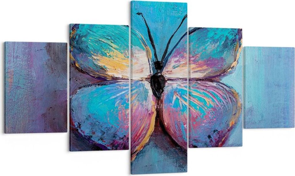 Bild auf Leinwand - Leinwandbild - 5 Teile - Handschriftlich Schmetterling Blau - 125x70cm - Wand Bild - Wanddeko - Wandbilder - Leinwanddruck - Bi...