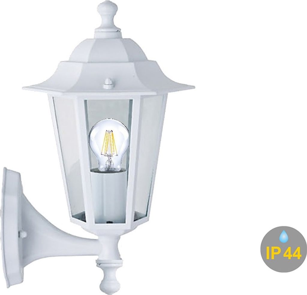 A white outdoor wall lamp with a visible light bulb, mounted on a white bracket against a white background.