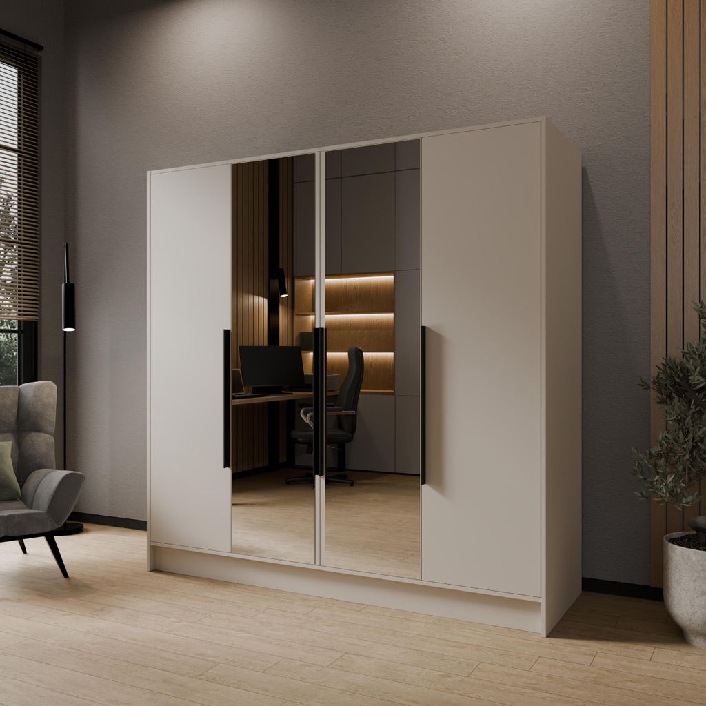 Glatter Drehtürenschrank 200 cm Mila 3 mit Metallgriffen, 4-türiger Kleiderschrank, Schrank mit Spiegel, Schrank mit Einlegeböden und Kleidersta...