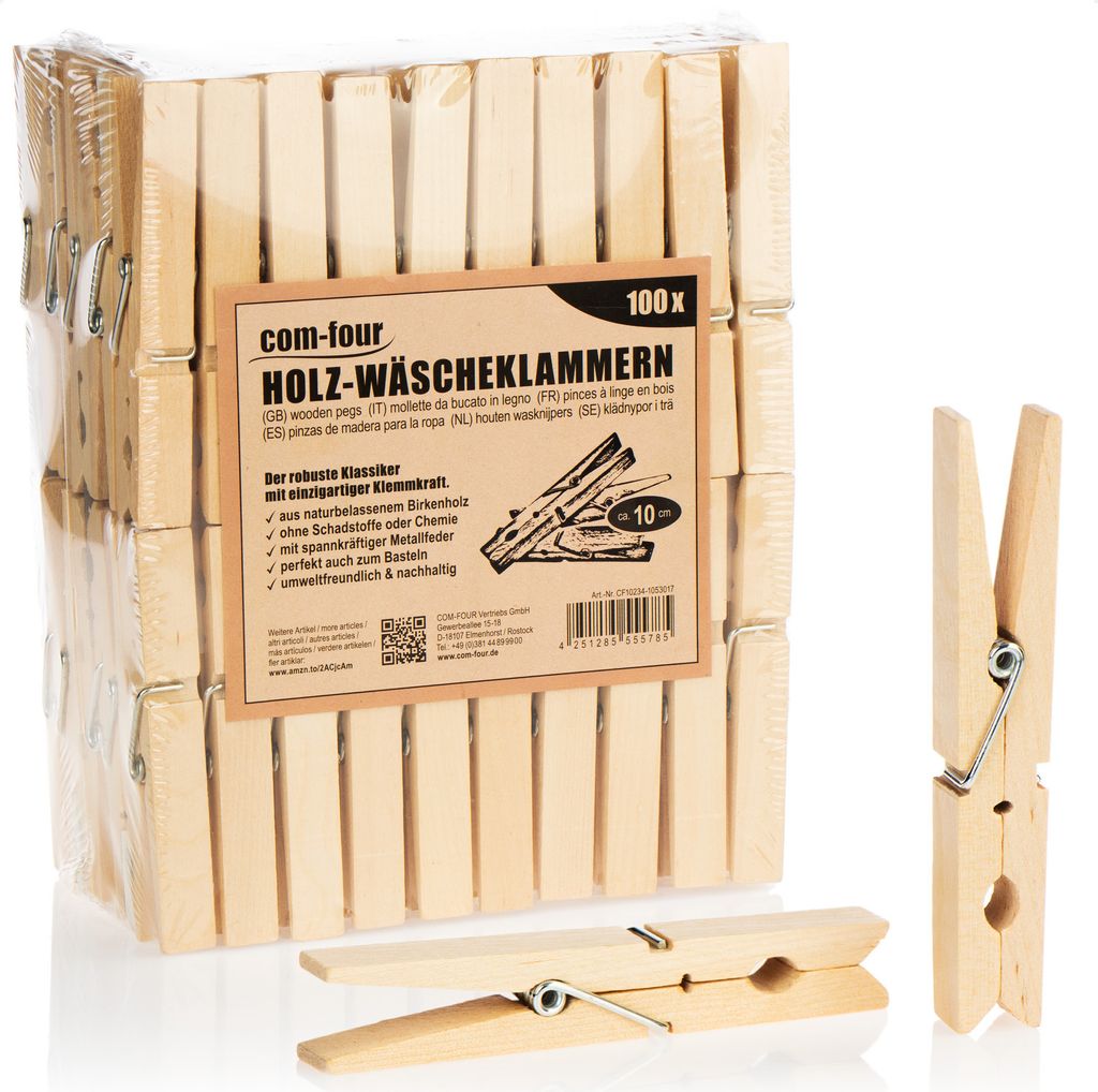 COM-FOUR 100x Wäscheklammern XXL aus Holz - Nachhaltige Holzklammern aus Birkenholz - unbehandelte Holzwäscheklammern zum Wäscheaufhängen, ca...