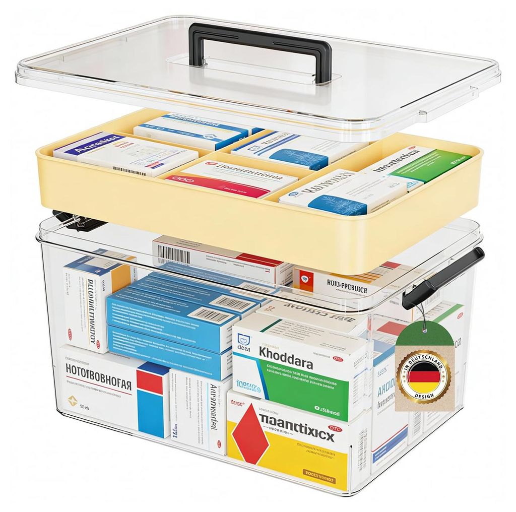 Medikamentenbox mit Griff – Große Medikamentenbox mit 2 transparenten Fächern, tragbar für Senioren, Reisen und den Gebrauch zu Hause