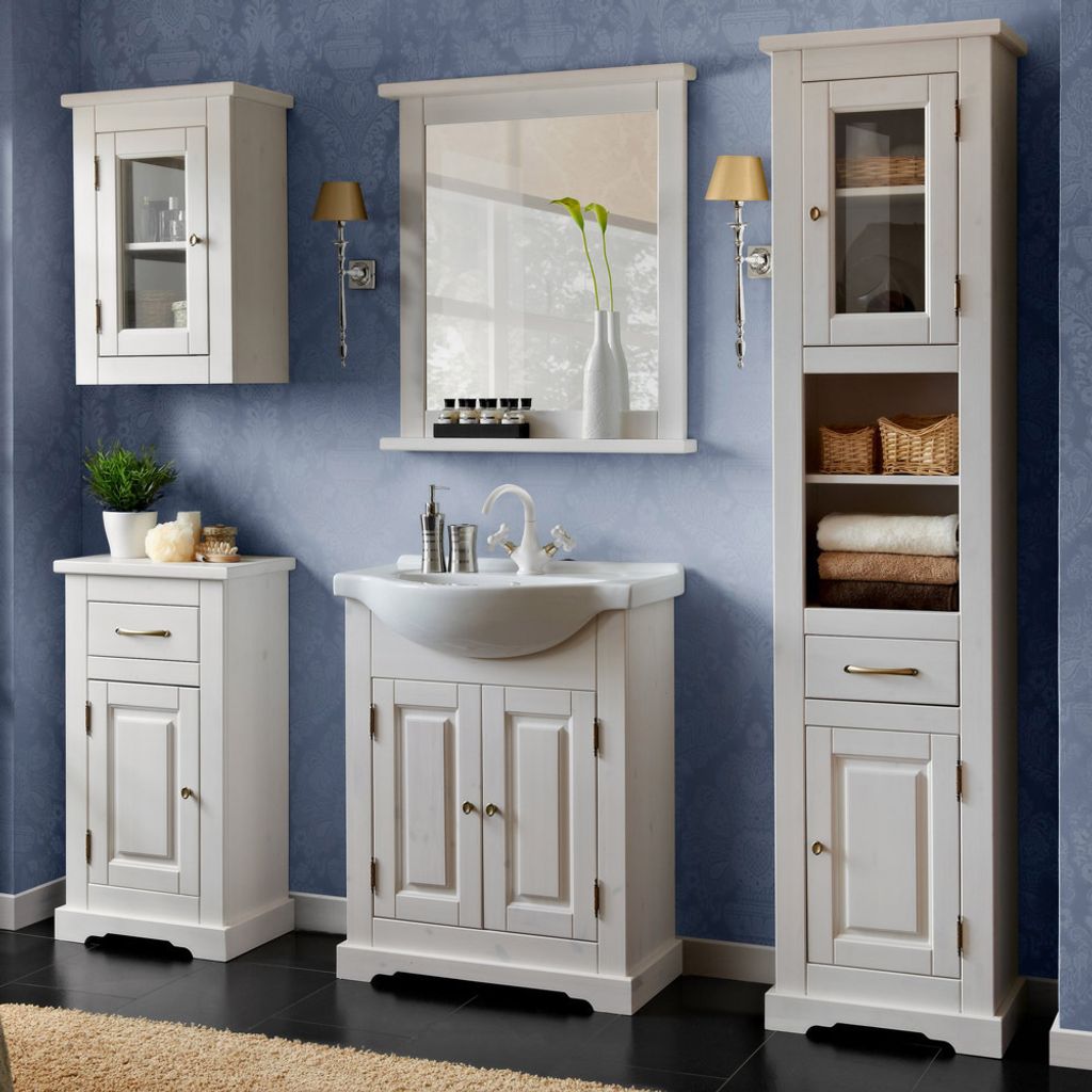 Badmöbel Set inkl.Keramik-Waschbecken 65 cm, 5-teilig LIRIA-56, Massivholz, B x H x T ca.: 185 x 200 x 43 cm