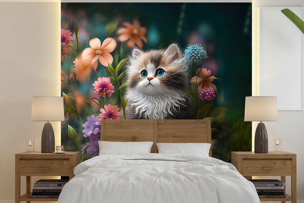 MuchoWow Fototapete für Wohnzimmer oder Schlafzimmer Wandtapete Vinyl Motivtapete Kätzchen - Illustration - Blumen - Natur - Katze - 280x280 cm...