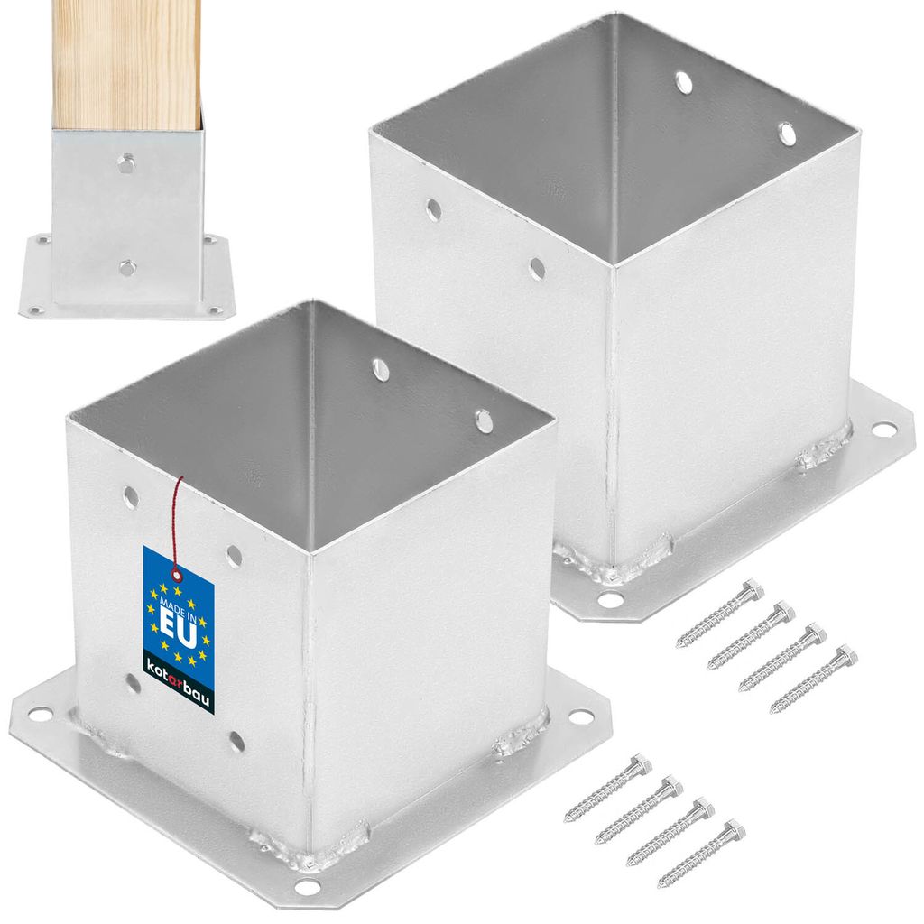 Two metal post anchors and screws on a white background, with a smaller image of a wooden post in a metal anchor in the upper left corner.