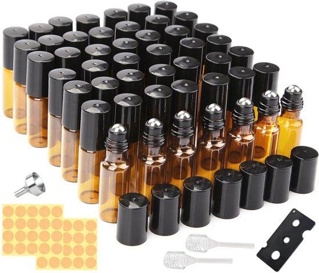 Gläserne Flaschen für ätherische Öle - mit Edelstahl-Rollerball - 48 Stück 5 ml