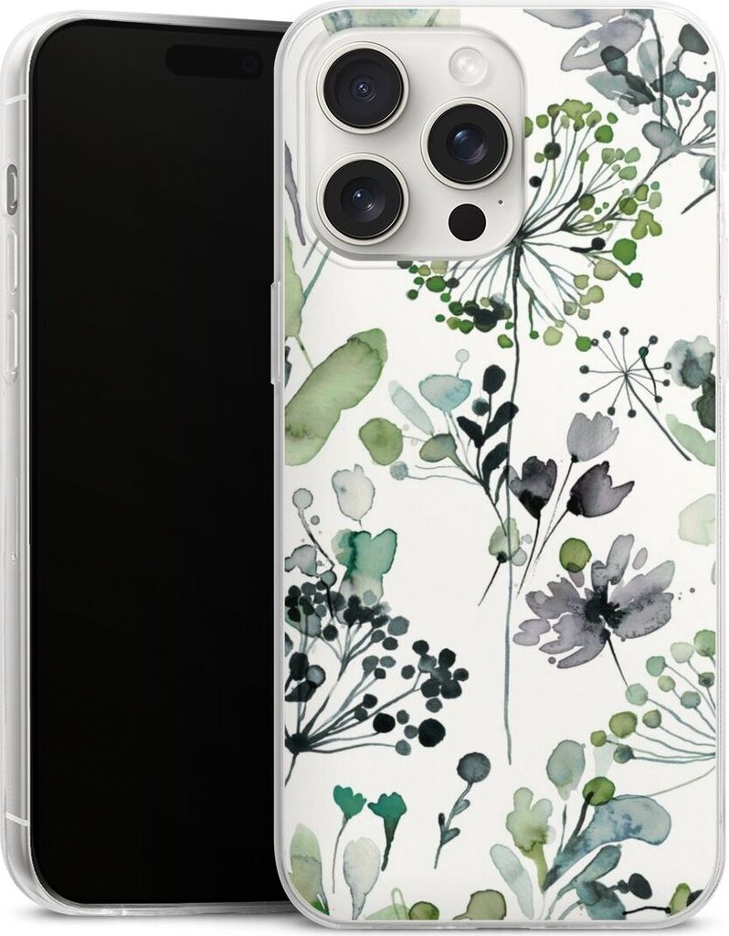 DeinDesign Slim Hülle für Apple iPhone 15 Pro Max Silikon Case Ultra Dünn Handyhülle Blumen Wasserfarbe Eukalyptus