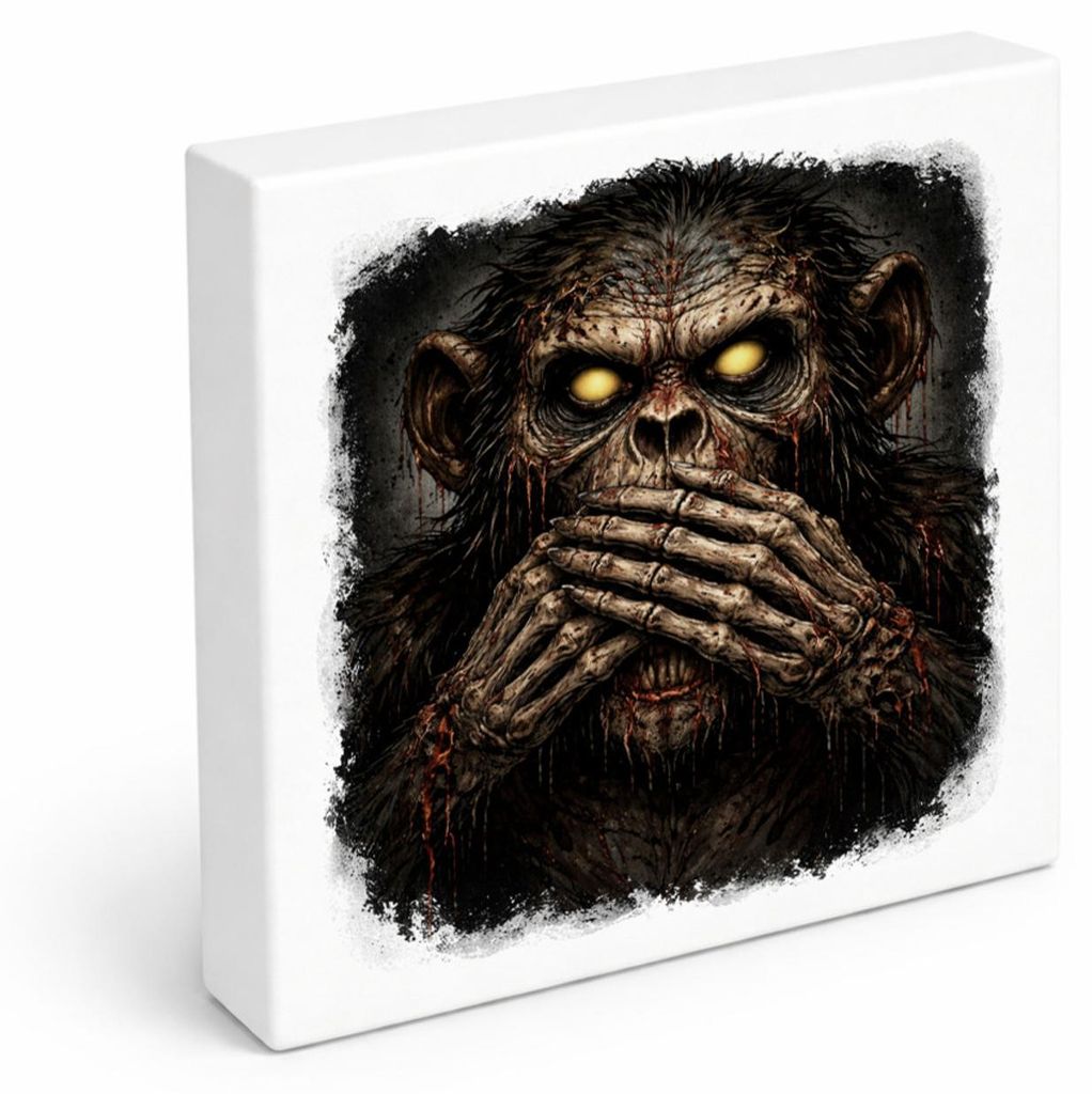 Drei weise Zombie Affen nichts sprechen Holzbild in 15x15 cm zum Stellen oder
