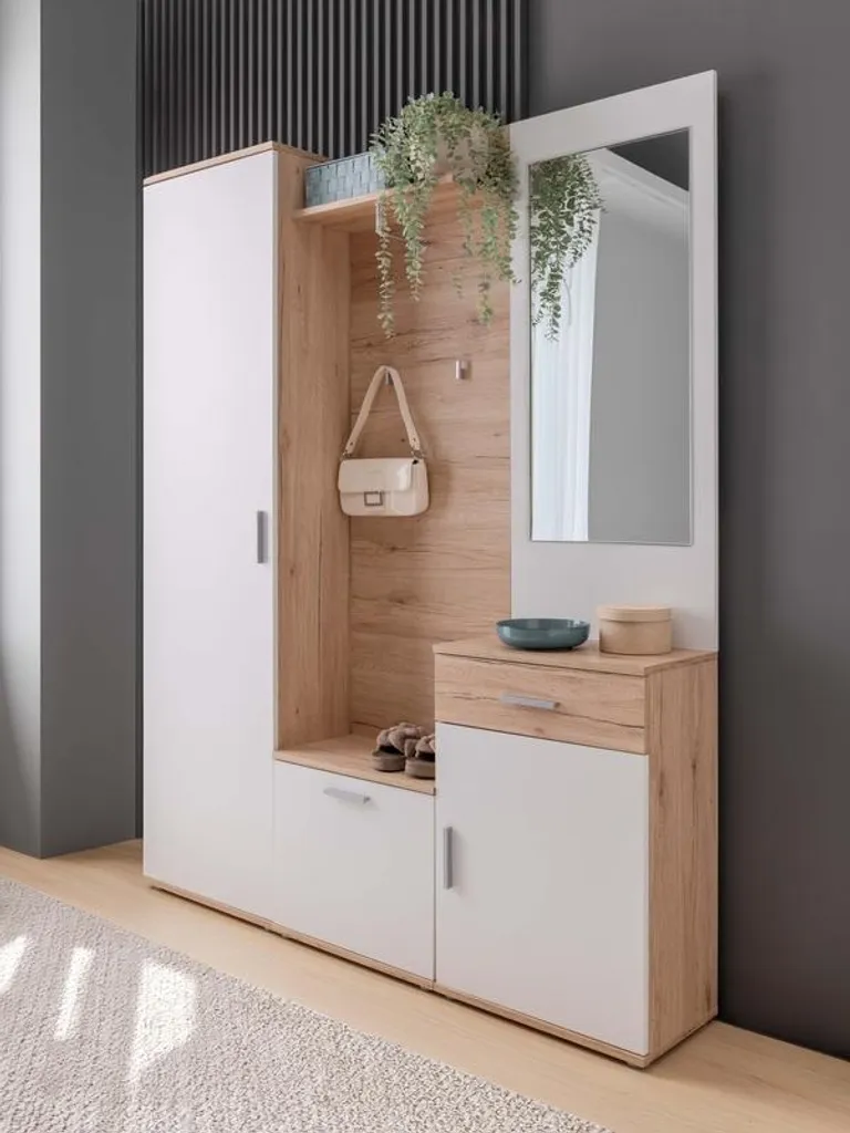 Garde-robe entrée Mia moderne en chêne - Rangement mural compact 190cm