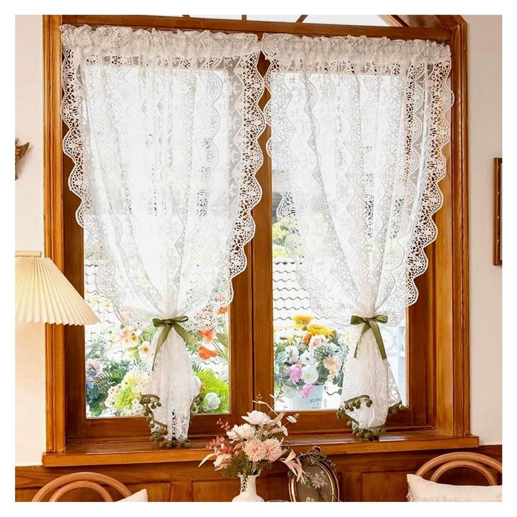 Scheibengardinen im Landhausstil, kurze Küchengardine mit Spitze und Stickerei, Vintage Fenstergardinen, halbe Gardinen, HxB 130x130cm, Weiß, 1 S...