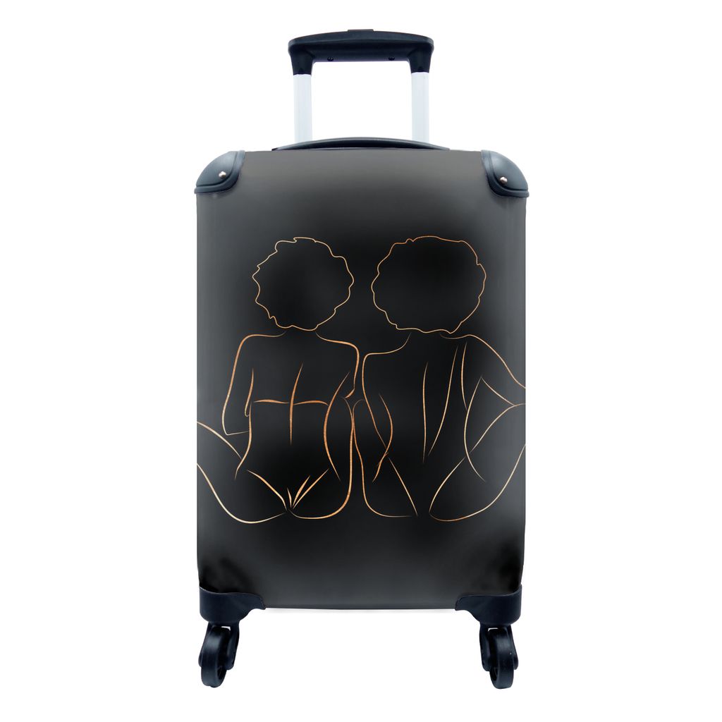 MuchoWow Koffer Handgepäck Trolley Rollkoffer Kleine Reisekoffer mit 4 Rollen - Frauen - Linienkunst - Schwarz und Gold - Cabin Size < 55x40x23 ...