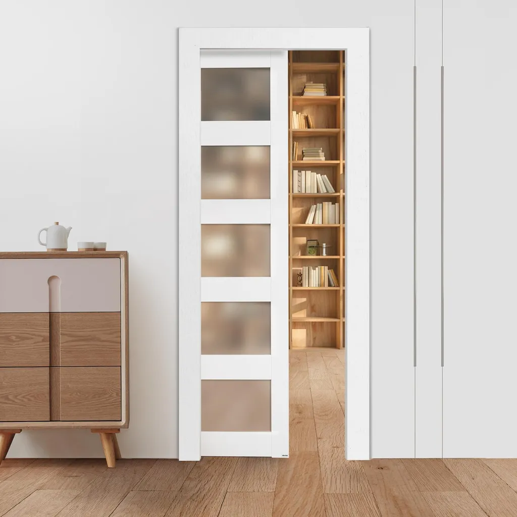 Porte Coulissante Intérieure en Bois et Verre avec Rail de Guidage Inclus