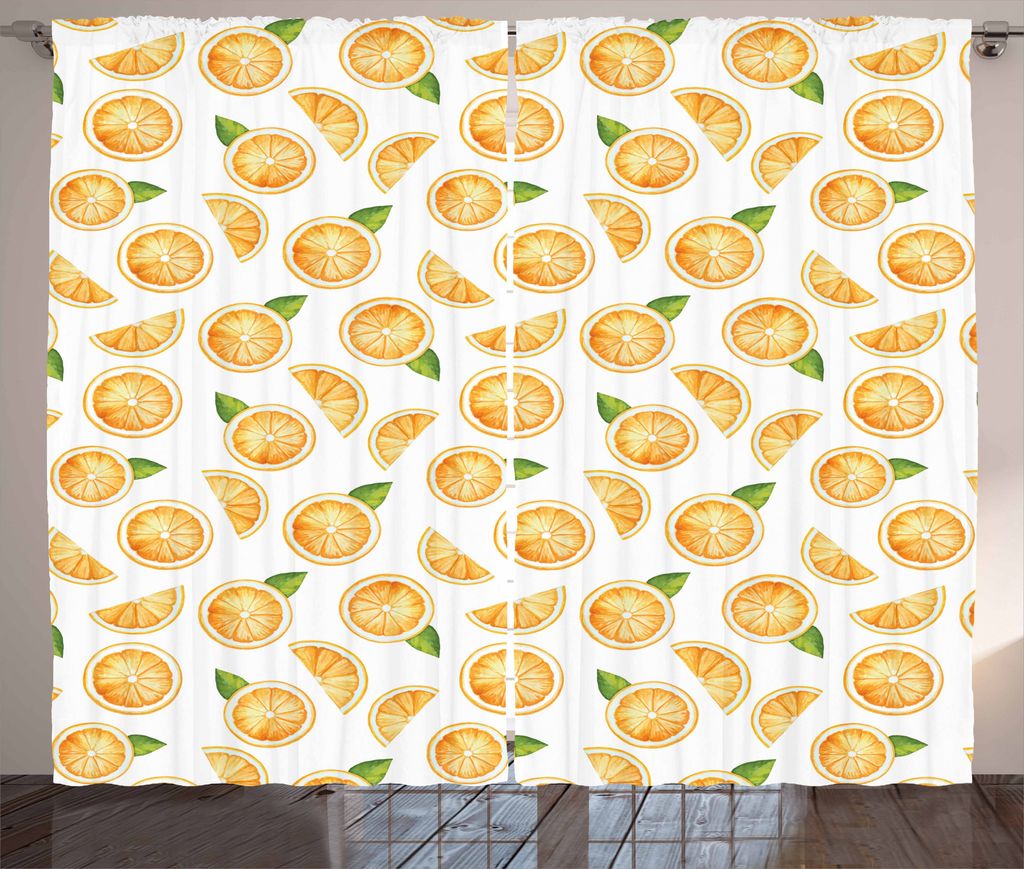 ABAKUHAUS Orange Rustikaler Gardine, Aquarell Fruchtscheiben, Schlafzimmer Kräuselband Vorhang mit Schlaufen und Haken, 280 x 225 cm, Orange Grün...