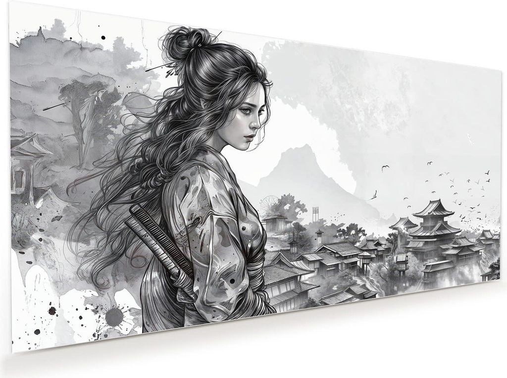 Glasbild 60x30cm in XXL für Wohnzimmer, Schlafzimmer Motiv Samurai Kriegerin Stadt