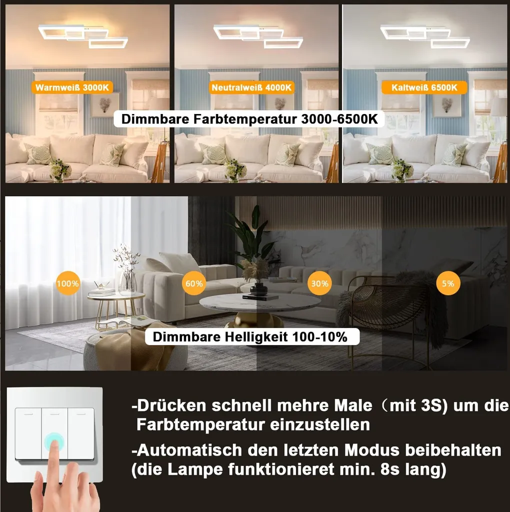 ZMH Plafonnier LED Chambre Dimmable 48W avec Télécommande Design Carré - 4