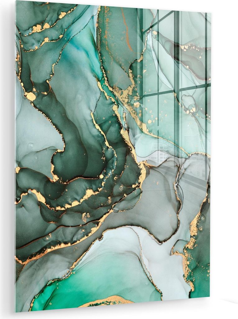 MuchoWow Glasbilder - Bilder auf Wandbild - Foto auf Glas Gold - Marmor - Grün - Luxus - Marmoroptik - Grau 30x40 cm Wanddekoration aus Glas - Acr...