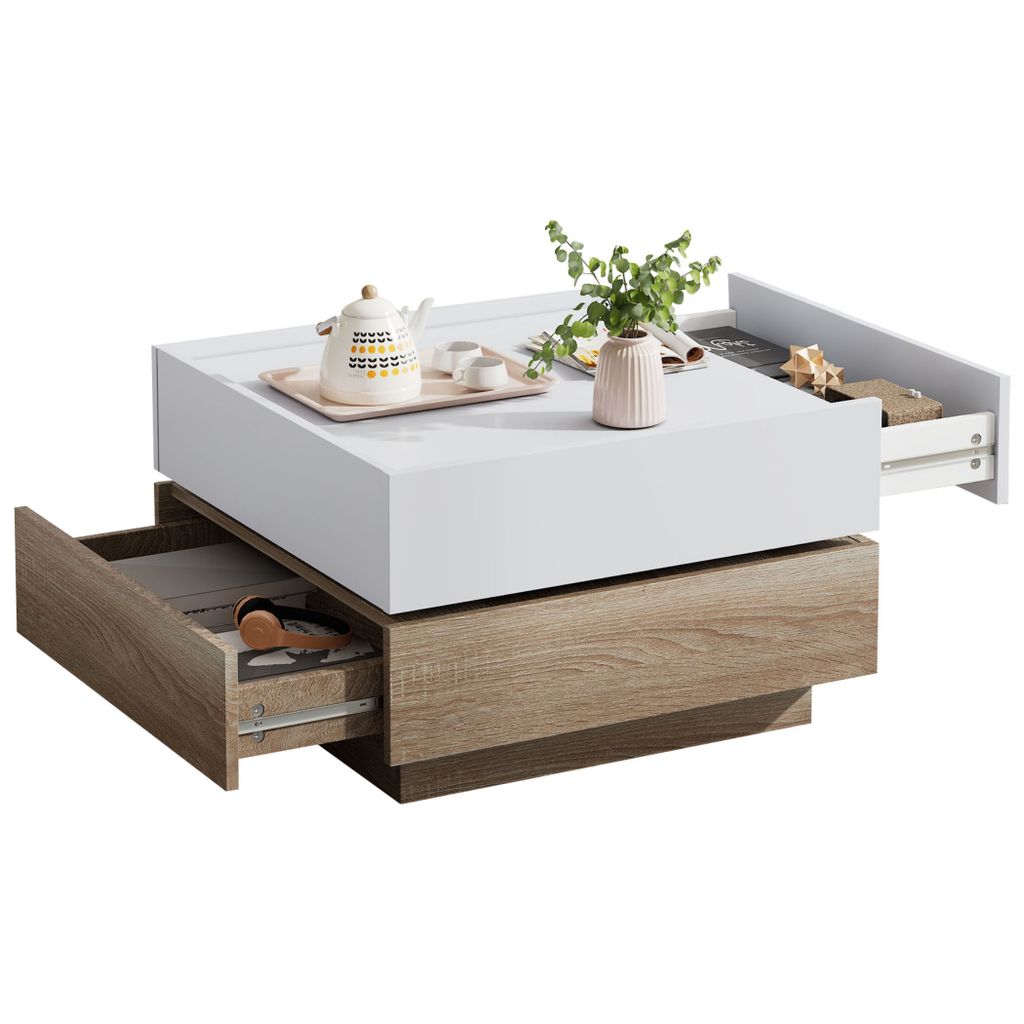 A modern coffee table with a white top and wood-grain base, featuring two open drawers.