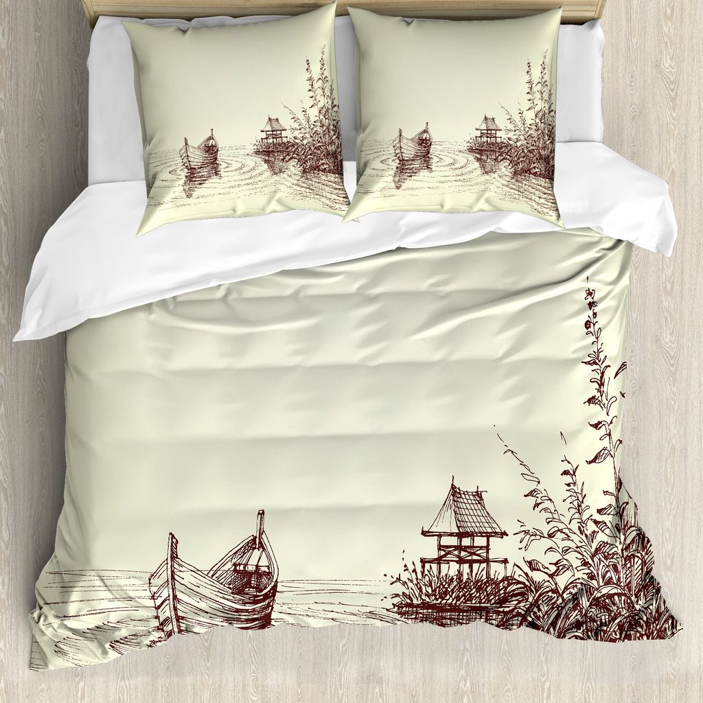 ABAKUHAUS Skizzieren Bettbezug Set für Einzelbetten, Bleistift gezeichnete See und Boot, Milbensicher Allergiker geeignet mit Kissenbezug, 155 cm ...