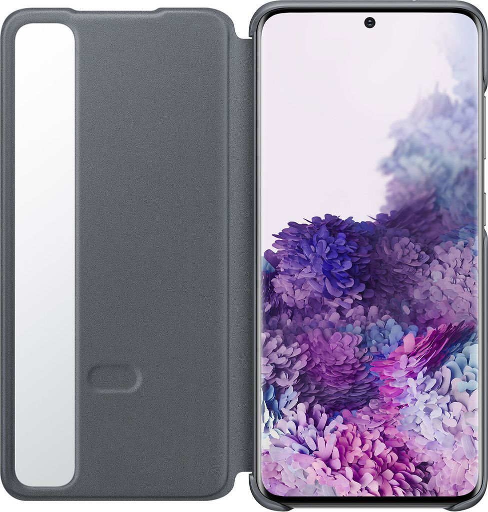 A Samsung Galaxy S20 phone with a gray flip case is shown.