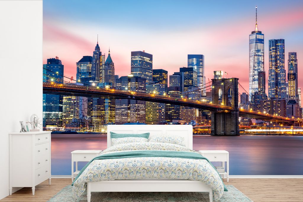 MuchoWow Fototapete für Wohnzimmer oder Schlafzimmer Wandtapete Vinyl Motivtapete New York - Brooklyn-Brücke - Beleuchtung - 390x260 cm - Papie...