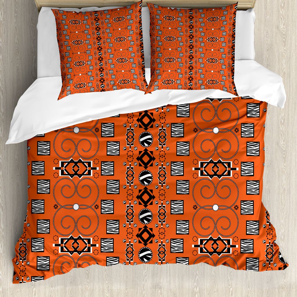 ABAKUHAUS afrikanisch Bettbezug, Ornament, Milbensicher Allergiker geeignet mit Kissenbezügen, 155 cm x 220 cm - 80 x 80 cm, Orange Schwarz Weiß