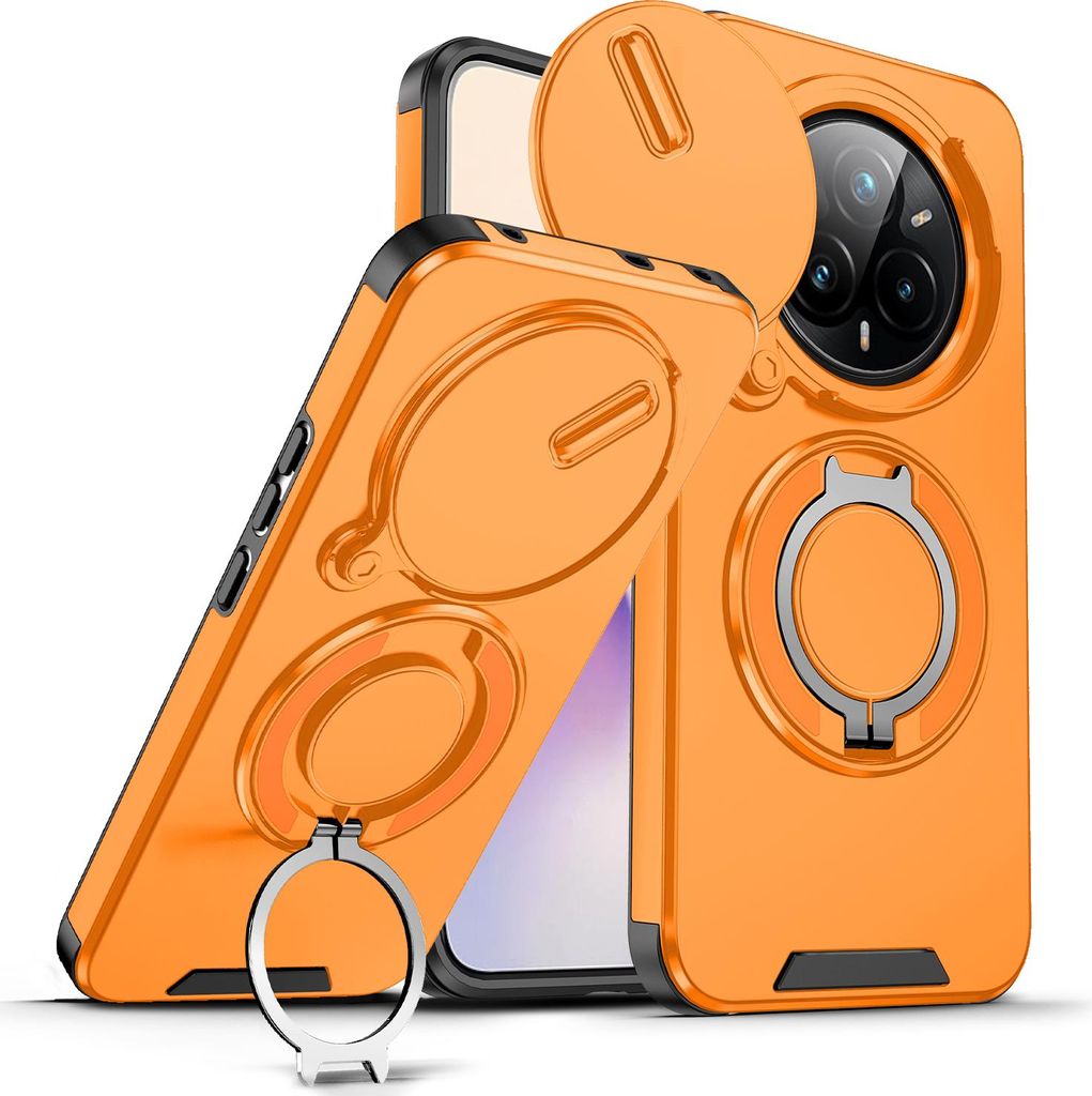 Handyhülle für Realme 14 Pro Dual-Layer Stoßfest Militär Hülle mit Dia Kameraschutz und Magnetisch Ring Ständer Orange