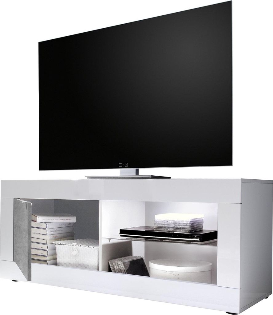 Dmora TV-Schrank Gambara 140x43x56h cm Hochglanz Weiß, 2 Regale Grifföffnung