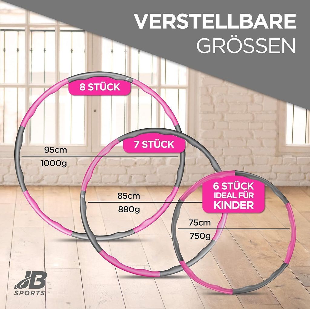 Hula Hoop Reifen im 2er Set in Rosa/Grau Erwachsene & Kinder - Verstellbar in 8 Teilen für Massage & Gewichtsverlust - Fitnessreifen mit variablem...
