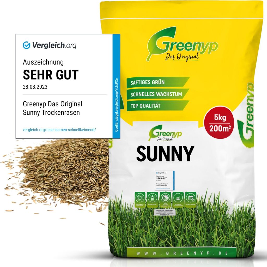 A collage showing a bag of grass seed, a close-up of grass seeds, and a review badge.
