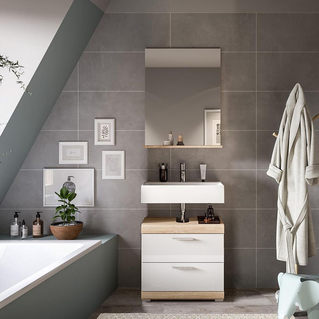 Badezimmer-Set 2-teilig in Sonoma Eiche mit weiß Hochglanz, mit Spiegel - SIROCO-158