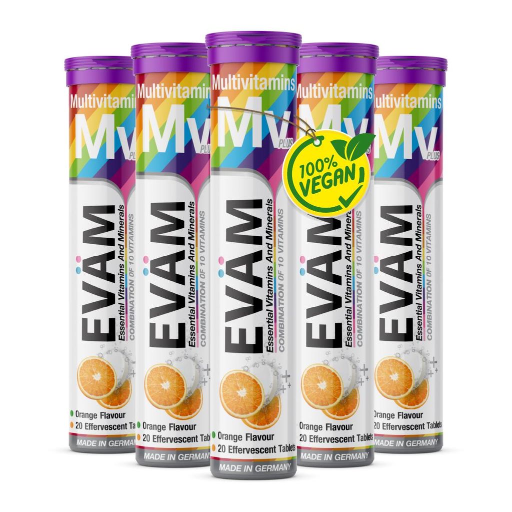 Multivitamin Brausetabletten, 5er Set Orange, Kombination aus 10 Vitamine, 100% NRV, Energie & Immunsystem, vegan – EVÄM