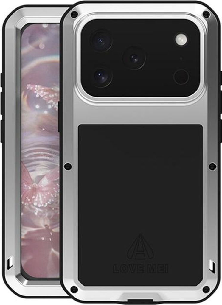 Handyhülle für iPhone 17 Pro, Love Mei Powerful mit Glas, Silbern