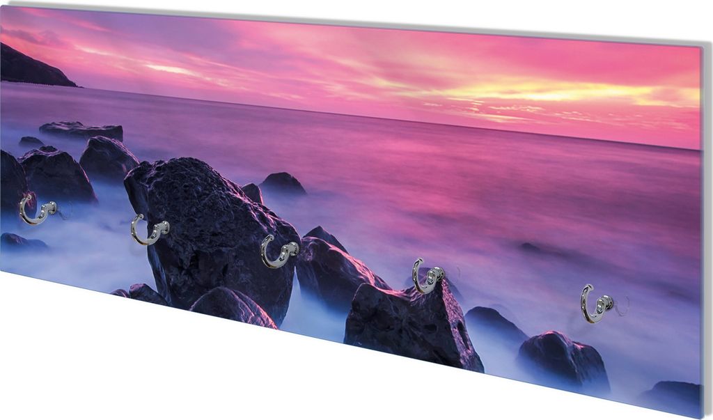Wallario Flurgarderobe Wandgarderobe aus Glas, mit 5 Haken, Größe 80 x 30 cm, Motiv Felsen im Meer bei Sonnenuntergang