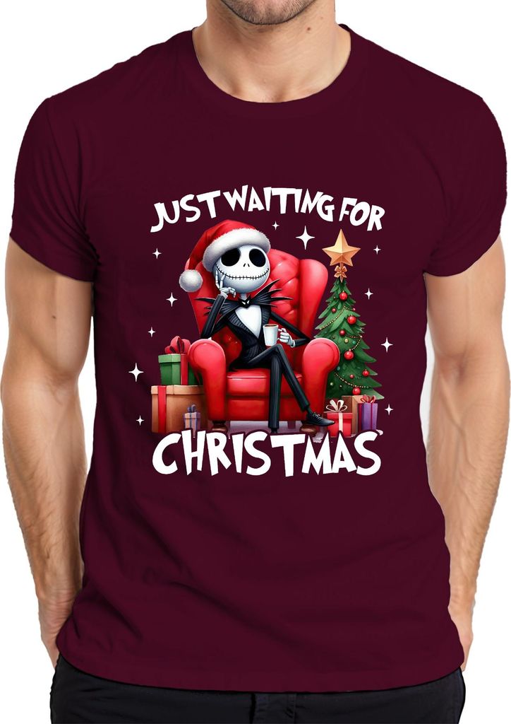 Just Waiting For Christmas Jack Skellington Skelett Weihnachten Herren T-Shirt, Burgundy, M
