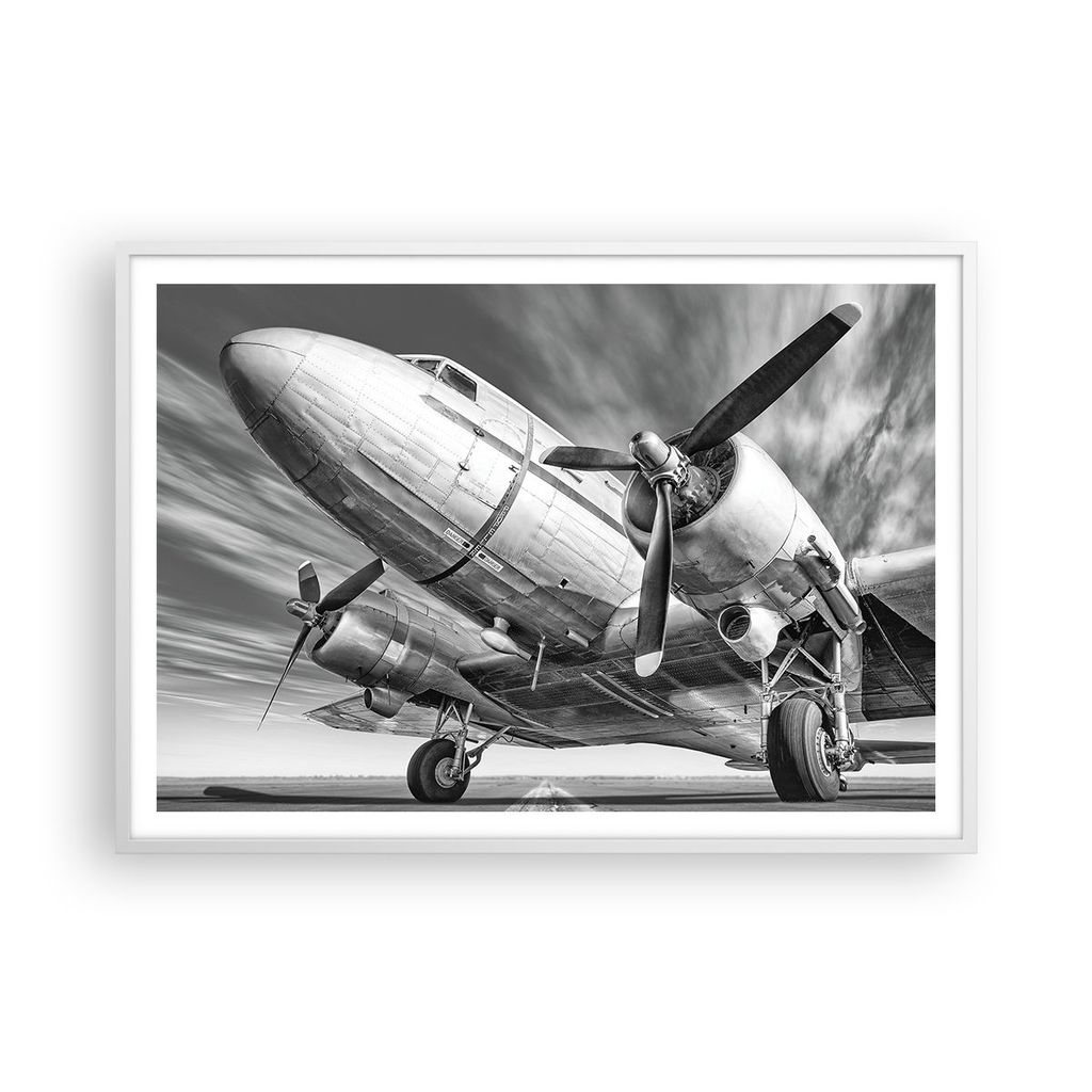 Gerahmtes Poster - Weißer Rahmen - Flugzeug Retro Flugzeug - 100x70 cm - Wand Bild - Wanddeko - Wandbilder - Kunstposter - Wandposter - Bilderrahm...