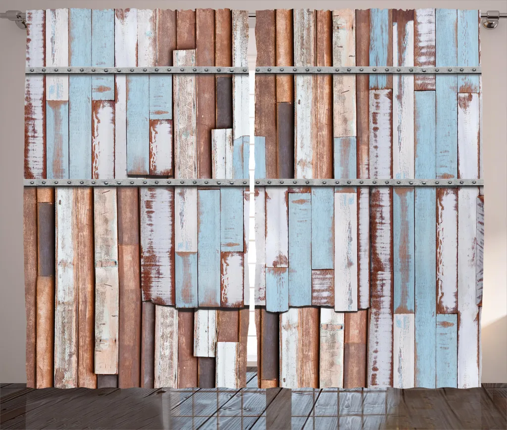Rideau avec Boucles et Crochets Imprimé Bois Rustique 280x225 cm Bleu