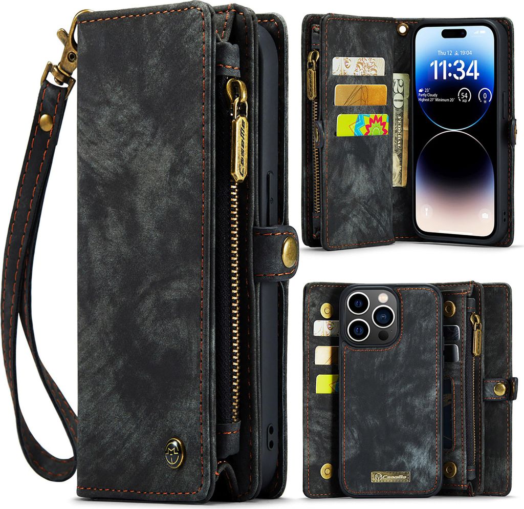 Caseme Handy Tasche für iPhone 15 Pro - Schutzhülle Geldbeutel + Etui KlappHülle Kunstleder - Schwarz