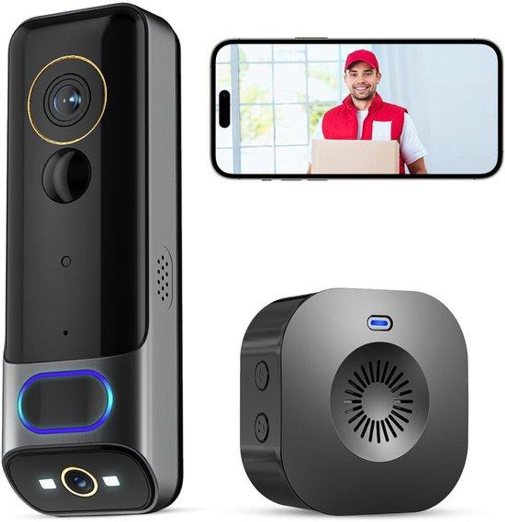Drahtlose WiFi-Videodeurbel mit Klingel, 1080p HD, Slimme Videodeurbel mit Kamera, Batteriebetrieben, Drahtlose Video-Überwachung, Inklusive Klingel