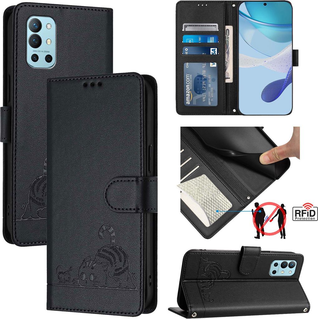 Leder Hülle für OnePlus 9R/OnePlus 8T Süße Katze Flip Case Brieftasche Schutzhülle mit Standfunktion Schwarz