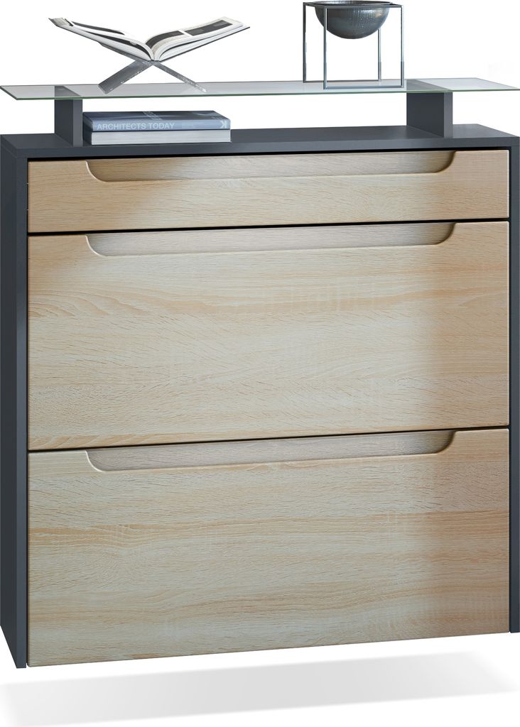 Vladon Schuhschrank Annie, Schuhkipper für 16 Paar Schuhe mit 2 Klappen, 1 Schublade und Glasablage, Anthrazit matt/ Eiche sägerau, Griffmulden i...