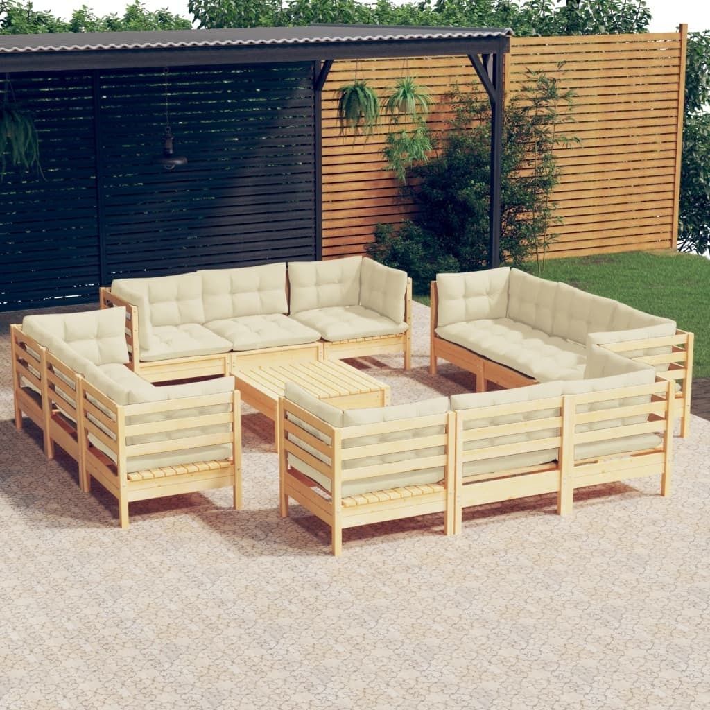 Maison Exclusive - 13-tlg. Garten-Lounge-Set mit Creme Kissen Kiefernholz