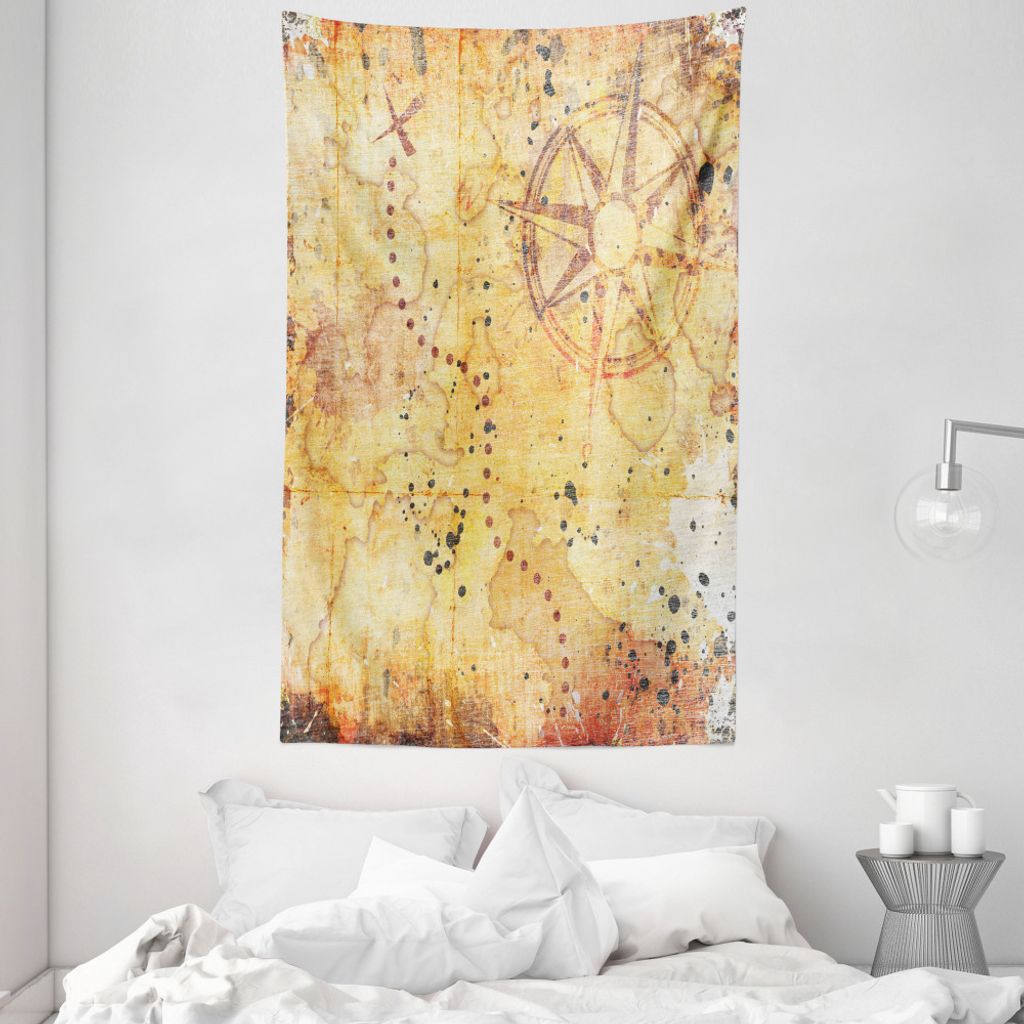 ABAKUHAUS Beige Wandteppich und Tagesdecke, Antique Grunge Rusty Karte aus Weiches Mikrofaser Stoff Waschbar ohne Verblassen Digitaldruck, 140 x 23...