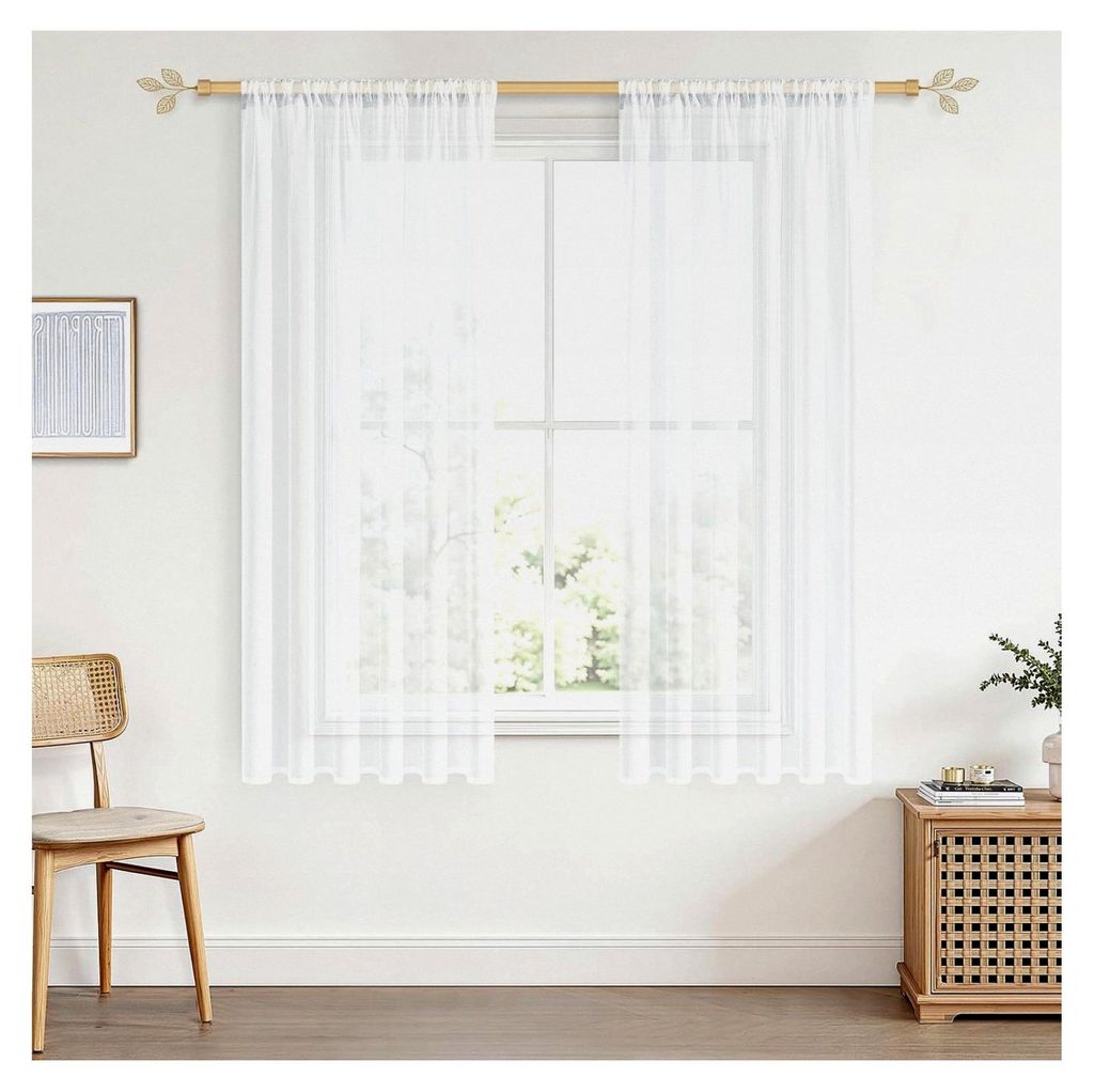 Kurze weiße Gardinen für das Wohnzimmer mit Stangendurchzug 160X140 cm (HXB) im 2er Set, Leinenoptik, halbtransparent für Wohnzimmer, Schlafzimm...